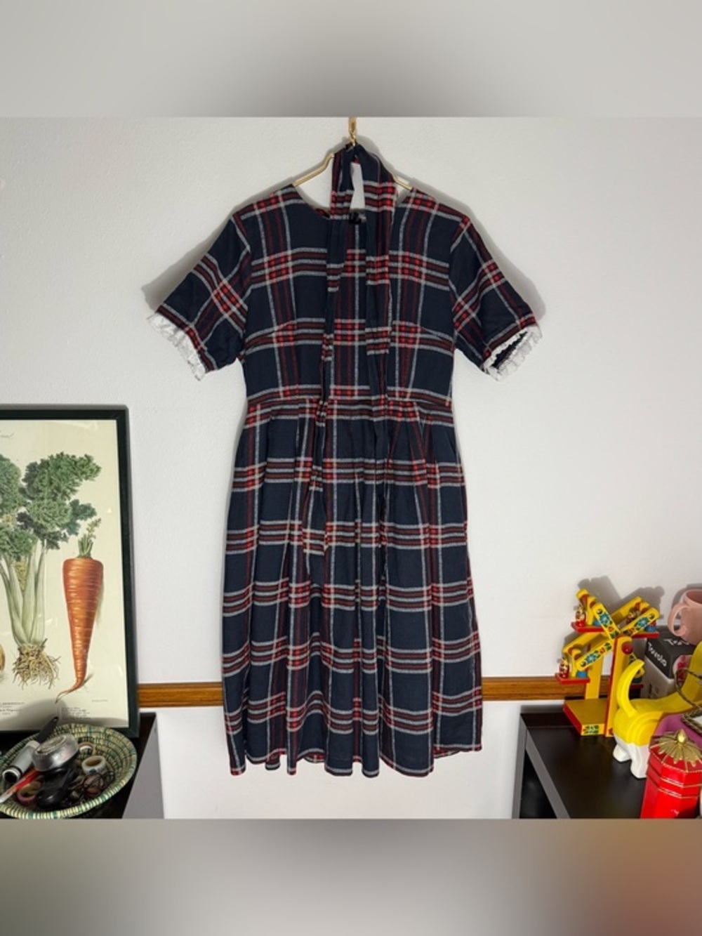 Dainty Jewells Highland Plaid dress with scalloped lace trim and belt size L